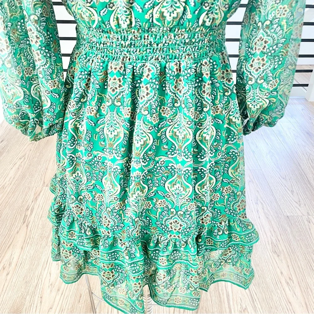 XS Max Studio London green and gold floral, print long sleeve dress - Picture 6 of 9